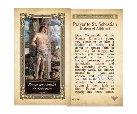 prayer  athletes st sebastian laminated holy card prayers holy cards prayer   children