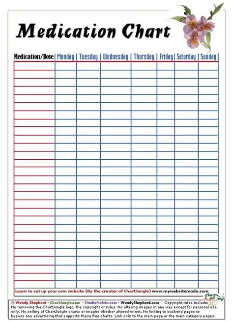 printable medication chart  chartjunglecom planner