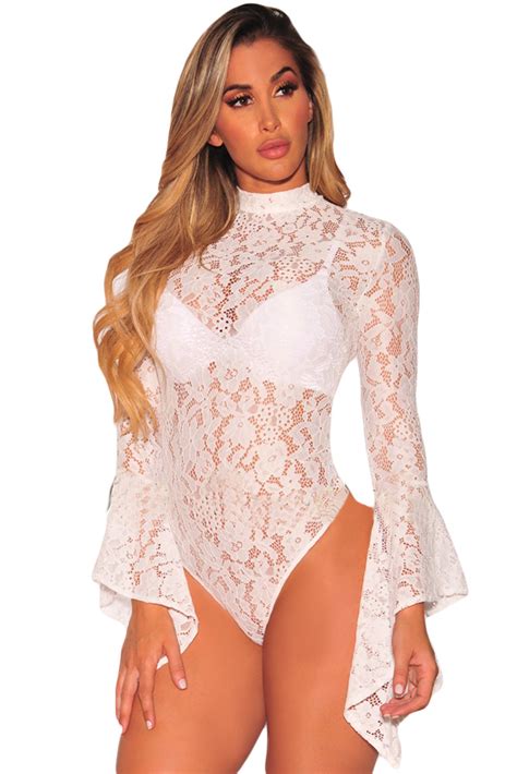 Wholesale Bodysuits Cheap White Sheer Floral Lace Long