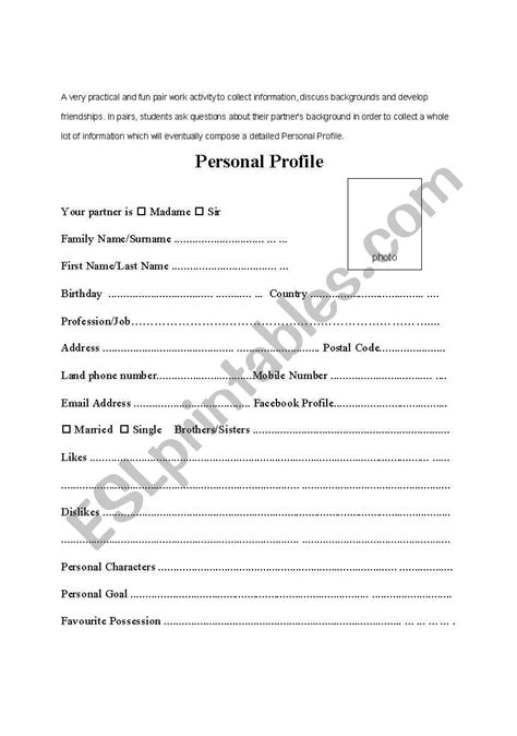 english worksheets personal profile