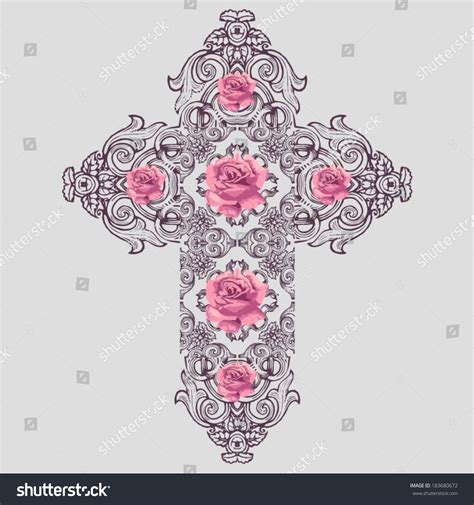 vintage ornate christian cross vector pink roses