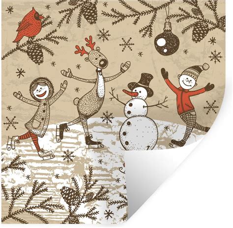 bolcom muursticker kerst illustraties kerstillustratie schaatsen metsneeuwpop en rendier