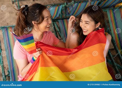 Happy Lesbian Beautiful Asian Young Two Women Girl Gay Couple Love