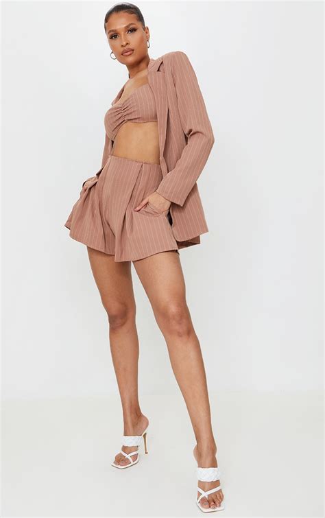 dusty pink woven pinstripe pleated front floaty shorts