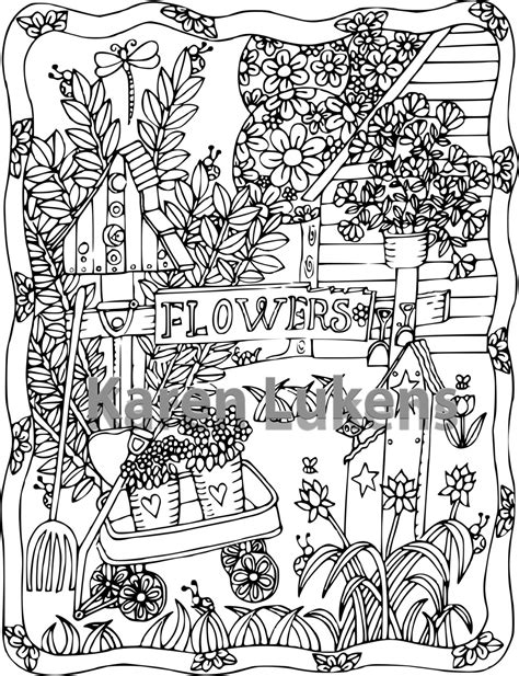 happyville backyard  adult coloring book page printable