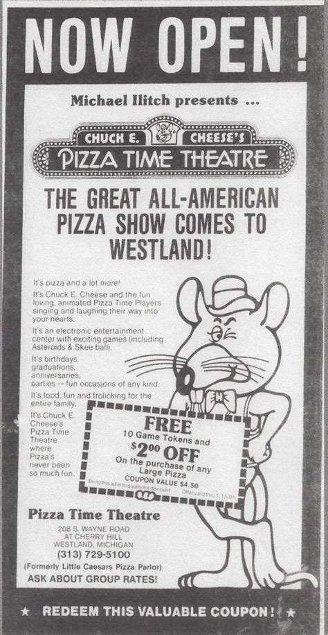 late  chuck  cheeses pizza time theatre grand opening newspaper ad westland michigan