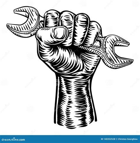 Propaganda Spanner Woodcut Fist Hand Cartoon Vector