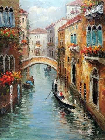 Venice Canal Couple Gondola Boat Italian Homes Stretched