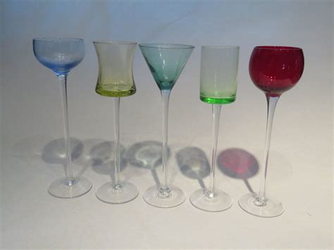 Set Of Five Colored Long Stem Cordial Glasses Cordial Glasses