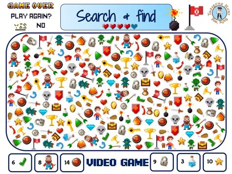 video game search  find treasure hunt  kids printable activity