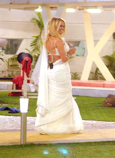 high quality bollywood celebrity pictures pamela anderson hot boobs show in white saree at bigg