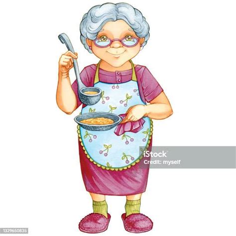 grandmother granny in a cherry dress apron bakes pancakes ladle frying