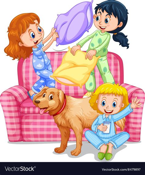 three girls playing pillow fight at slumber party vector image