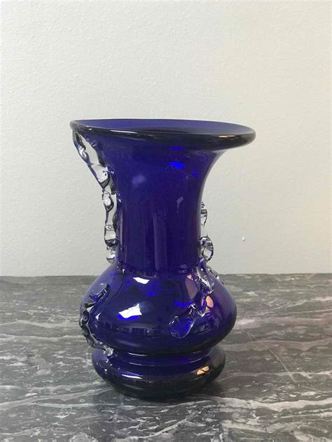 Mid Century Cobalt Blue Blown Glass Vase With Clear Glass Decoration