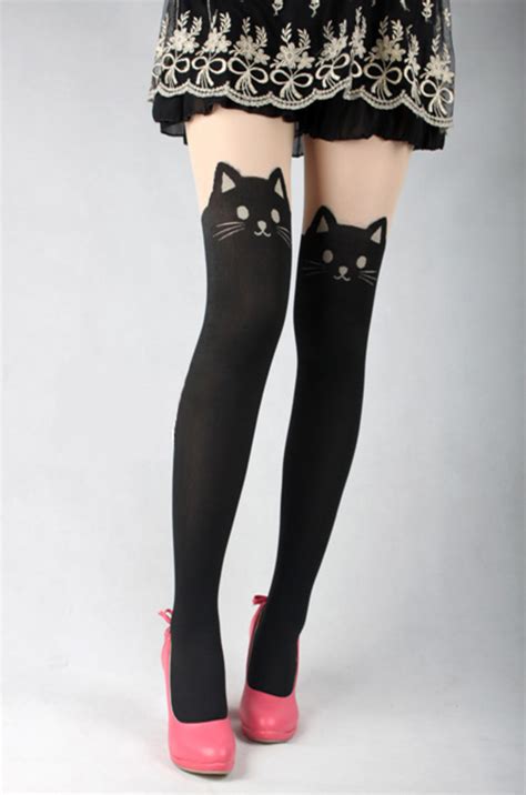 Women Cute Cat Tail Kitten Knee High Tattoo Stockings Pantyhose Tights