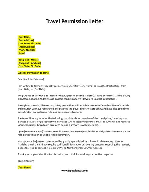 printable permission letter templates word