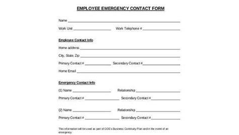sample employee emergency contact forms   ms word