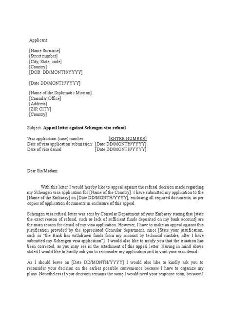 schengen visa refusal appeal letter