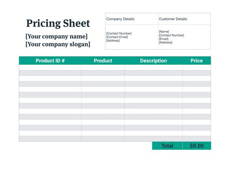 pricing sheet     examples