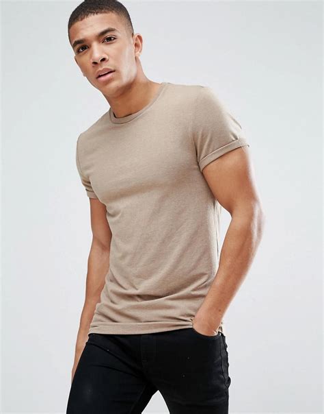 lyst asos muscle fit  shirt  crew neck  roll sleeve  brown  men
