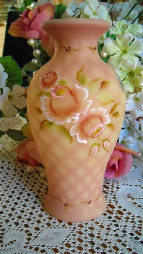 Fenton Burmese Diamond Optic Vase Hand Painted Roses 2008 Hand