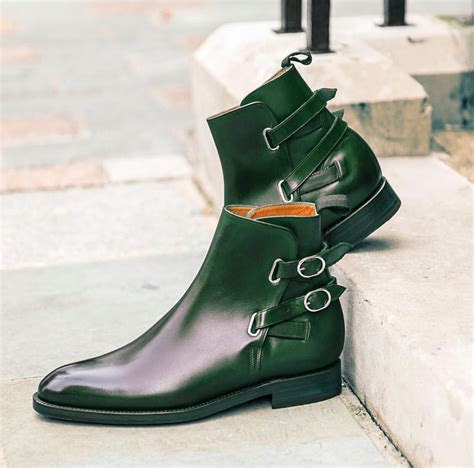 handmade mens ankle high boot mens green color leather buckle casual boot leatherworld