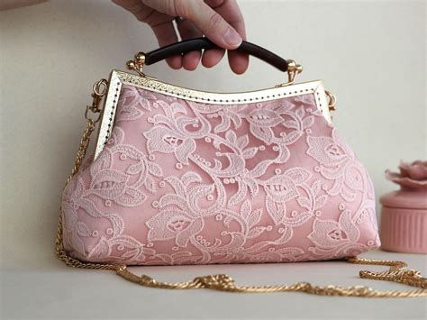 wedding clutch purse coral pink lace  gold kiss lock etsy