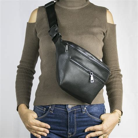womens black double zippered belt large waist bag