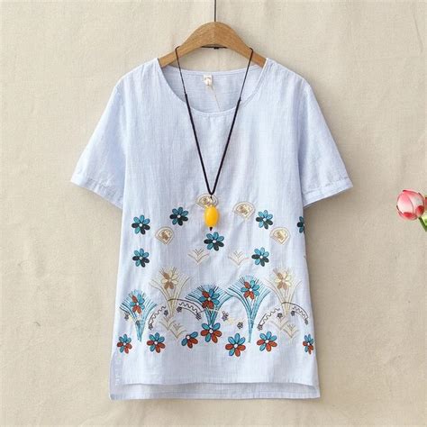 botanical embroidered t shirts women summer comfort cotton linen top