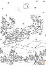 Santa Sleigh Coloring Flying His Reindeers Night Pages Christmas Pulled Claus Printable Tree Mandala House Cute Drawings Choose Board sketch template