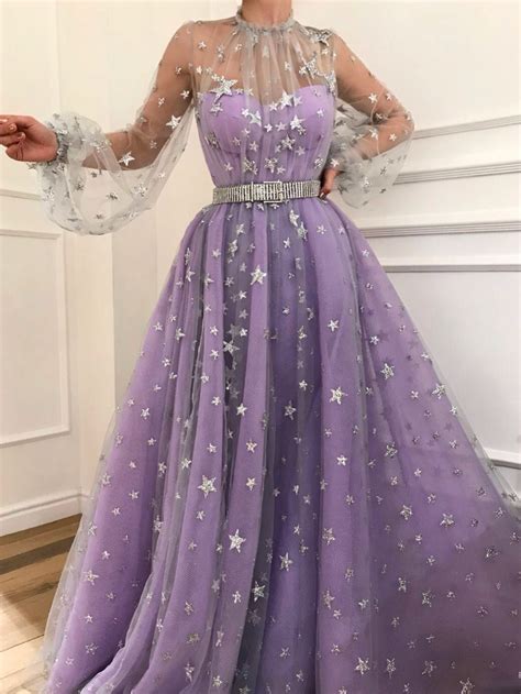 long sleeve prom dresses high neck   sparkly star lace lilac long