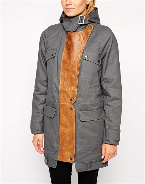 lyst asos premium parka  leather panelling  gray