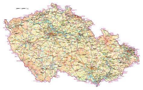 Detailed Elevation Map Of Czech Republic With Roads And