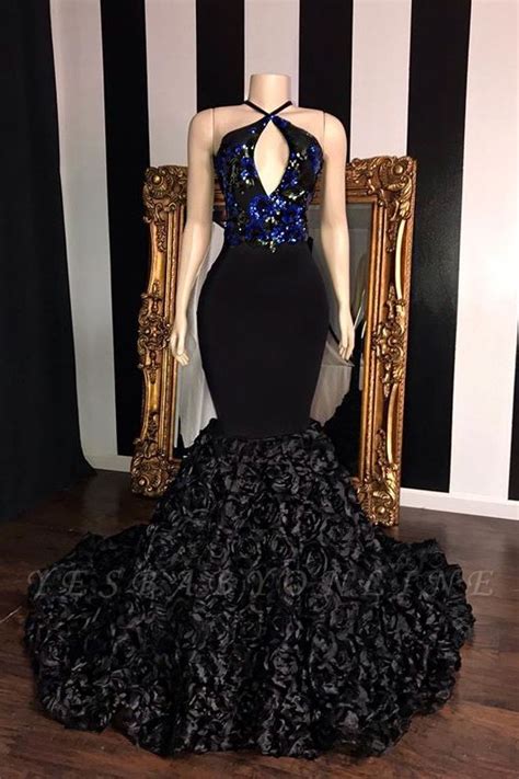 black sleeveless flowers mermaid prom dresses elegant halter sequins appliques evening gowns