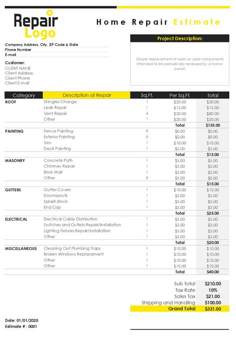 estimate template forms construction repair cleaning