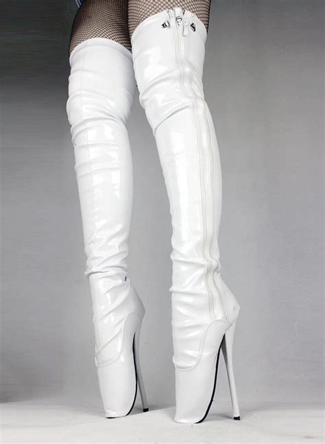 Thigh High Heel Ballet Boots White Leather Uk Silicone Toe Gard Every