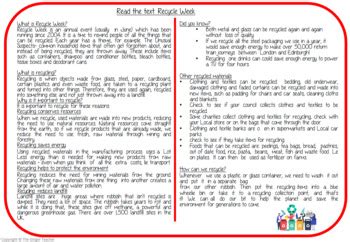recycle week reading comprehension cards   ginger teacher tpt