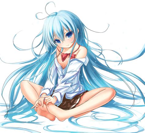 safebooru 1girl ahoge barefoot blue eyes blue hair denpa onna to