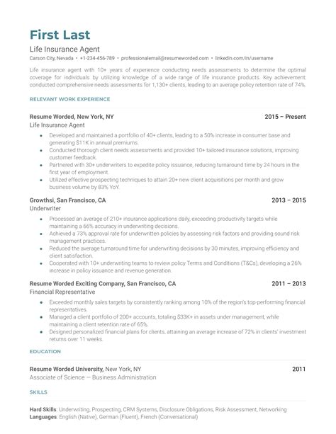 life insurance agent resume examples   resume worded