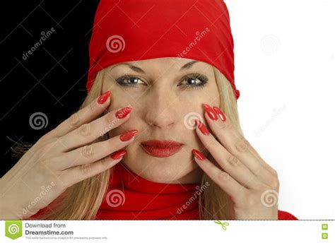 Portrait Of A Girl In Red With Red Lips And Red Nails