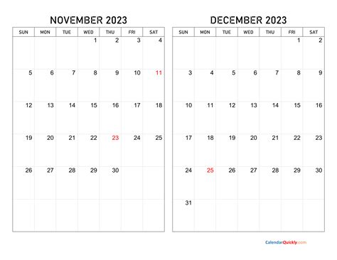november december  blank calendar  freeblankcalendarcom