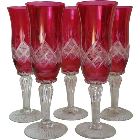 set of 5 antique champagne glasses flutes victorian etched
