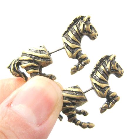 fake gauge realistic zebra shaped animal stud earrings  bronze