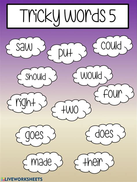 tricky words  interactive worksheet tricky words phonics words