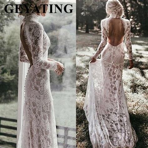 vintage ivory lace mermaid bohemian wedding dress long sleeves romantic