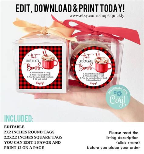 editable hot chocolate bomb label red gingham hot cocoa bombs