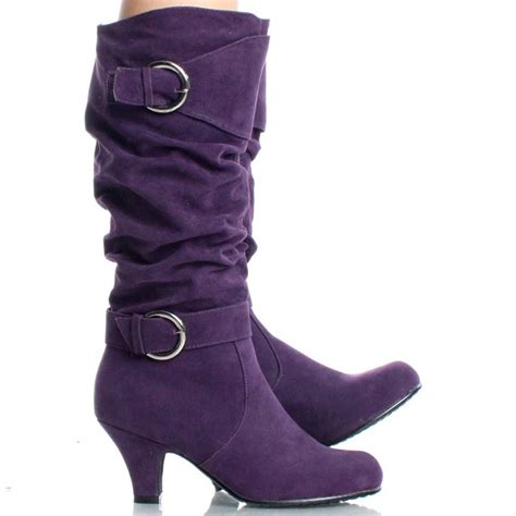 purplebootsforwomen purple suede buckle dress slouch womens high heel knee high boots