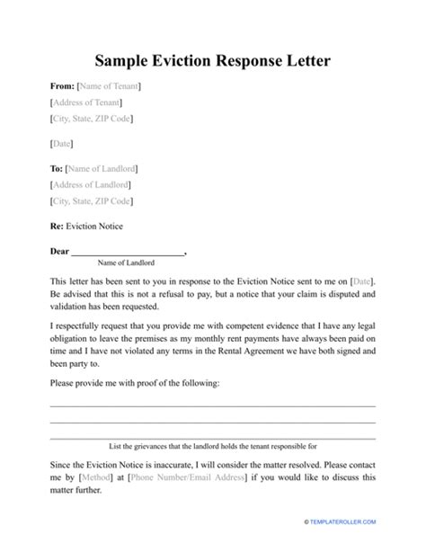 sample eviction response letter  printable  templateroller
