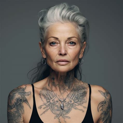 An Older Woman With Grey Hair And Tattoos On Her Chest Is Looking At