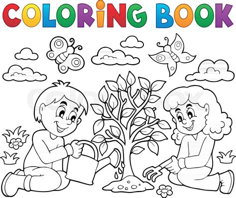 coloring book kids planting tree stock vector colourbox